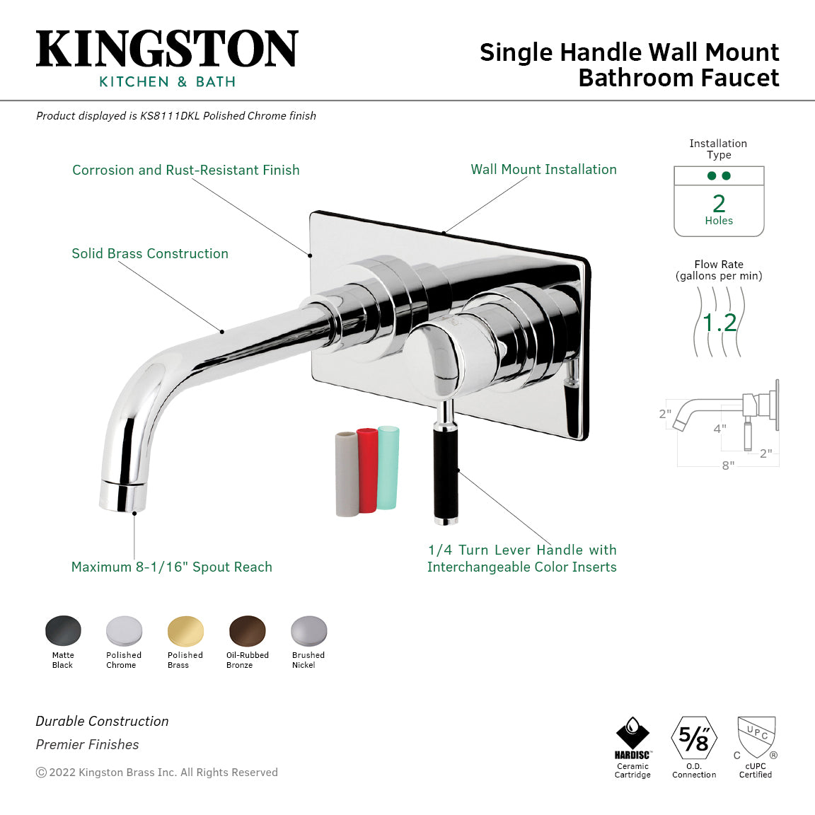 Kingston Sona KS8115DKL - Kaiser Single-Handle 2-Hole Wall Mount Bathroom Faucet, Oil Rubbed Bronze — thumbnail 2